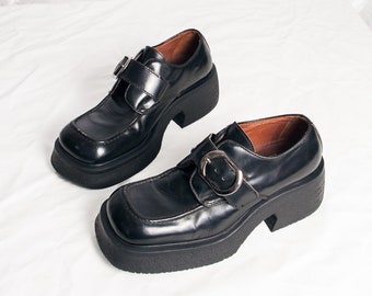 Vintage 90s Square Toe Platform Shoes by Gixus Rare Chunky Sole Grunge Shoes Black Patent Leather Buckle Loafer 41 Made in Italy