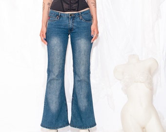 Vintage Flare Jeans Y2K Low Rise Bell Bottom Denim Pants 2000s Staple Rave Bottoms Stonewashed Medium