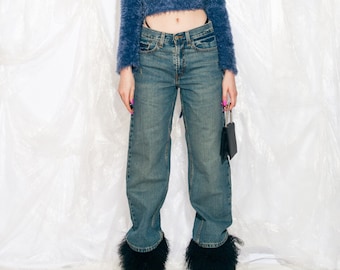 Vintage Y2K Levi's Flare Jeans in Blue Denim 2000s Cropped Middle Rise Baggy Pants Green Wash W27 L27 Small