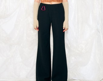 Vintage Y2K Flare Trousers in Black Wool Minimalist 2000s Middle Rise Wide Leg Office Look Pants Large