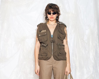 Vintage Y2K Cargo Vest in Khaki Brown 2000s Utility Gorpcore Pocketed Oversized Unisex Gender Free Workwear Waistcoat