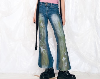 Vintage Y2K Reworked Flare Jeans in Hand Painted Green Star Pattern 2000s Middle Rise Stonewashed Whimsigoth Denim Pants Extra Small