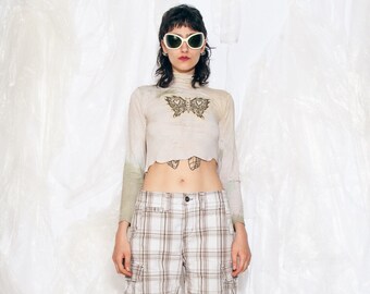 Top corto vintage Y2K reelaborado en beige con estampado de mariposas, top de manga larga de los años 2000, estampado tie-dye, talla pequeña
