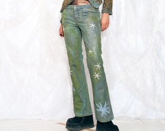 Vintage Y2K Reworked Flare Jeans in Green Hand-Painted 2000s Low Rise Bootcut Whimsigoth Fairycore Denim Pants Medium