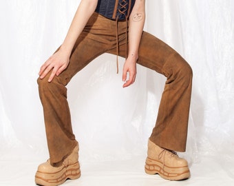 Vintage Leather Trousers Y2K Soft Suede Flare Pants in Brown 2000s Shakira Bell Bottoms size M