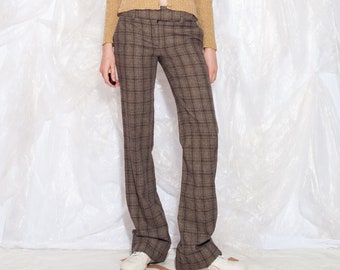 Vintage Y2K Wool Flare Trousers in Brown Plaid 2000s Low Rise Office Look Pants Extra Small