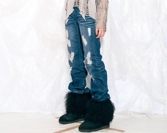 Jeans a zampa vintage Y2K con pois blu rovinati, pantaloni in denim bootcut a zampa anni 2000, taglia S/M