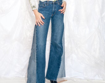 Vintage 90s Reworked Wide-Leg Jeans Y2K Blue Denim Flare Pants Bell Bottom Flares Upcycled Small