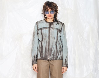 Vintage Y2K Leather Jacket in Blue Reworked Hand-Painted 2000s Real Suede Upcycled Coat Large