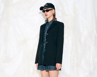 Giacca blazer lunga vintage anni '90 in cappotto nero degli anni '90 Look da ufficio Ragazza aziendale di medie dimensioni