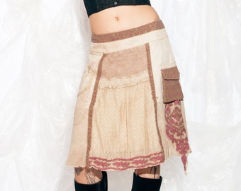 Vintage Y2K Elisa Cavaletti Midi Skirt in Beige Patchwork 2000s Mid Length Boho Hippie Fairycore Skirt Embroidery Cargo Pocket Small