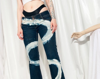 Reworked Vintage Flared Jeans Y2K Snake Pattern Denim Pants 2000s Low-rise Low-waist Rave Bleach Painted Flares