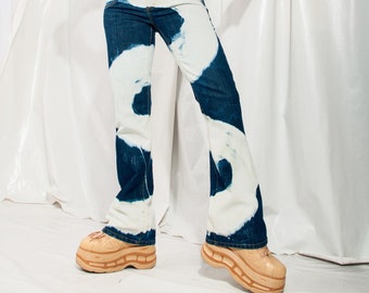 Reworked Vintage Flared Jeans Y2K Snake Pattern Denim Pants 2000s Low Rise Rave Hand Painted Bleach Painted Flares in Blue