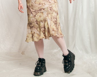 Vintage Skirt Y2K Fairy Midi in Beige Silk 2000s Frilly Sheer Skirt Printed Fairycore Aesthetic size XXL XXXL