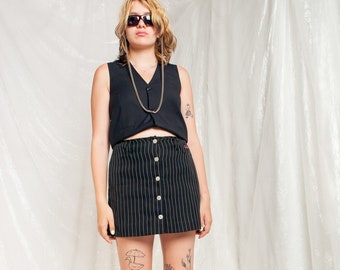 Vintage Skirt Y2K Pinstriped High Waisted Mini in Black 90s Grunge Fishbone Button Front Skirt