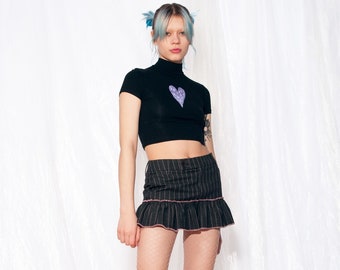 Vintage Skirt Y2K Reworked Frilly Mini in Grey Striped 2000s Reconstructed Upcycled Fairycore Ultra Mini size S XS