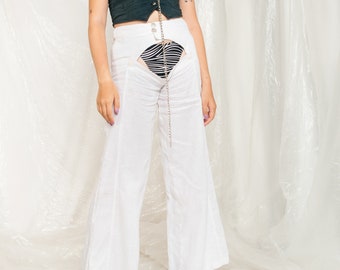 Vintage Flare Trousers Y2K Reworked Cut Out Pants in White 2000s Zebra Thong White Linen Flares Set size M