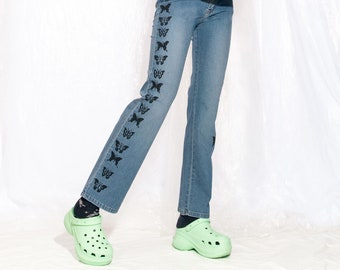 Vintage Flare Jeans Y2K Reworked Butterfly Painted Pants 2000s Hand-Painted Stencil Art Upcycled Fairycore Flares size S