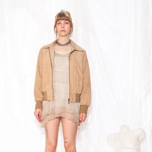 Vintage Leather Jacket 90s Suede Bomber in Beige 1990s Y2K Unisex Gender Neutral Light Brown Coatie Small Medium Large