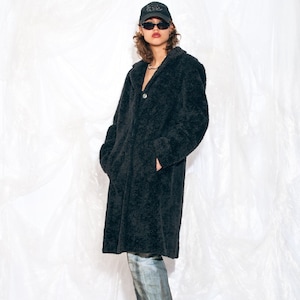 Vintage Y2K Winter Coat in Grey Teddy Faux Fur 2000s Plush Jacket Oversized Size Extra Large