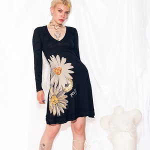 Vintage Y2K Desigual Dress in Black Printed 2000s Long Sleeve Flower Daisy Fairycore Tunic Medium