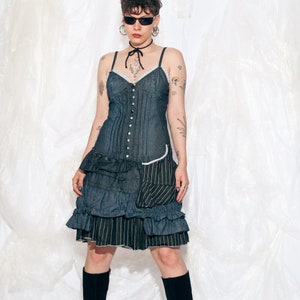 Vintage Y2K Frilly Fairy Dress in Blue Denim 2000s Whimsigoth Fairycore Grunge Patchwork Ruffle Dress Medium