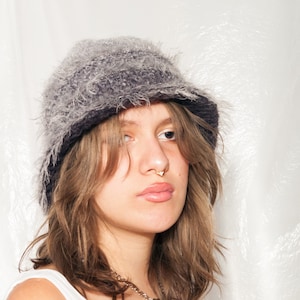 Vintage Knitted Bucket Hat 80s Reworked Fluffy Cap in Grey 1980s One-off Rave Hat 80's Grunge Accessory