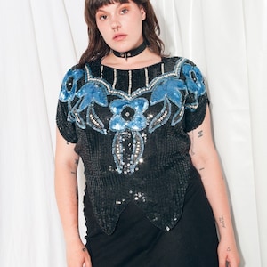 Vintage Top 80s Sequin Flower Party Blouse 1980s Glam Butterfly Blouse Evening Outfit Aesthetic Top