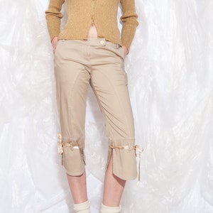Vintage Y2K Capri Pants in Beige Satin Bow Detail 2000s Low Rise Trousers Medium