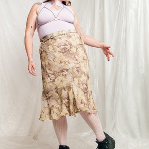 Vintage Skirt Y2K Fairy Midi in Beige Silk 2000s Frilly Sheer Skirt Printed Fairycore Aesthetic size XXL XXXL