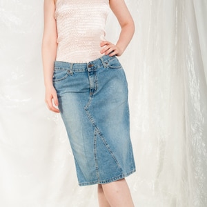 Vintage Crocker Denim Skirt Y2K Middle Rise Midi in Blue 2000s A-line Rave Summer Jeans Bottoms