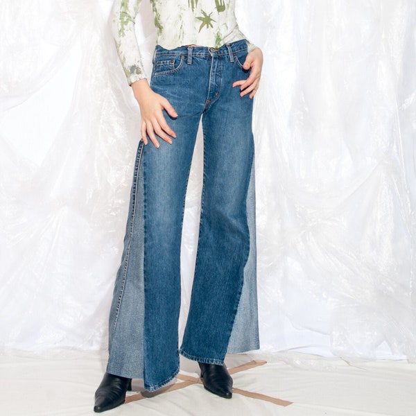 Vintage 90s Reworked Wide-Leg Jeans Y2K Blue Denim Flare Pants Bell Bottom Flares Upcycled Small