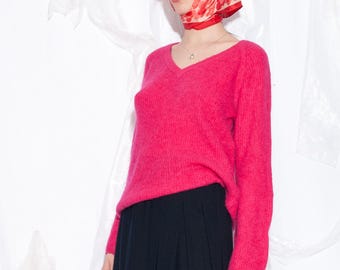 Sweter vintage Morgan de Toi Y2K z miękkiej dzianiny w kolorze różowym, rzadki projekt z lat 2000., z bufiastymi rękawami i dekoltem w serek