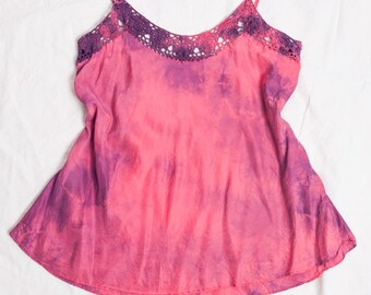 Vintage Y2K Silk Camisole - Pink Purple Crochet Lace Fairycore Blouse (Size M)
