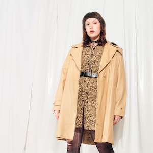 Vintage Leather Jacket 90s Beige Chunky Oversized Coat 1990s Rare Yellow Brown Genuine Leather Parka Duster Coat