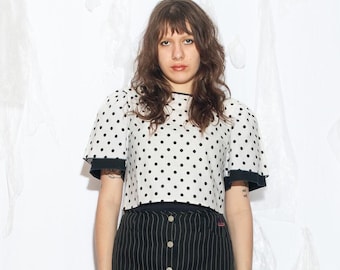 Vintage 70s Polka Dot Cotton Blouse - Upcycled Whimsical Cotton Bell Sleeve Top - Size M