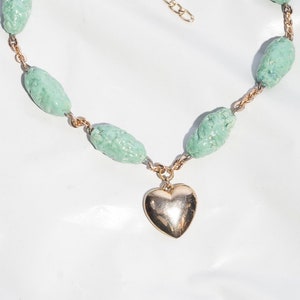 Reworked Heart Necklace 80s Vintage Ceramics Bead Handmade Y2K Gold Heart Pendant