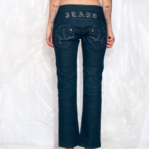 Vintage Y2K Straight Jeans w Back Embroidery in Dark Blue Denim 2000s Bootcut Low Rise Rave Pants Whimsical Trousers Medium Small