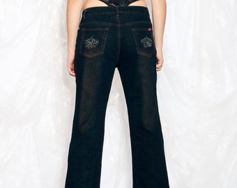 Vintage Y2K Flare Jeans in Bronze and Blue Denim 2000s Rhinestone Crown Embroidery Back Pocket Large