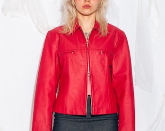 Vintage Y2K Leather Jacket in Red - 2000s Real Leather Fitted Coat