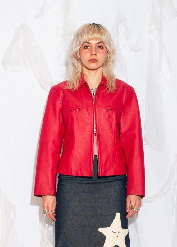 Vintage Y2K Leather Jacket in Red - 2000s Real Leather Fitted Coat