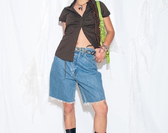 Szorty jeansowe Vintage 90s Wide-Leg w kolorze niebieskim - Spodnie typu Jorts Grunge z lat 90. Y2K - Moda Vintage - Rozmiar M