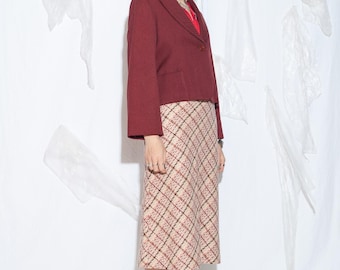 Vintage 70s Maroon Blazer in Wool Blend - 1970s Flare Sleeve Style Short Jacket - Size XL