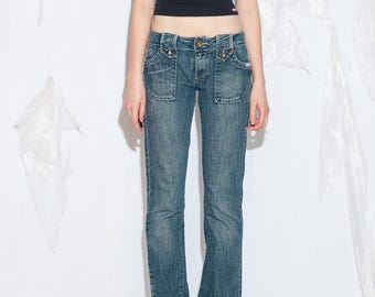 Pantalones vaqueros Vitamina estilo vintage Y2K en azul - Pantalones de corte bota de tiro bajo y corte ajustado de los años 2000 - Hechos en Italia - Talla S