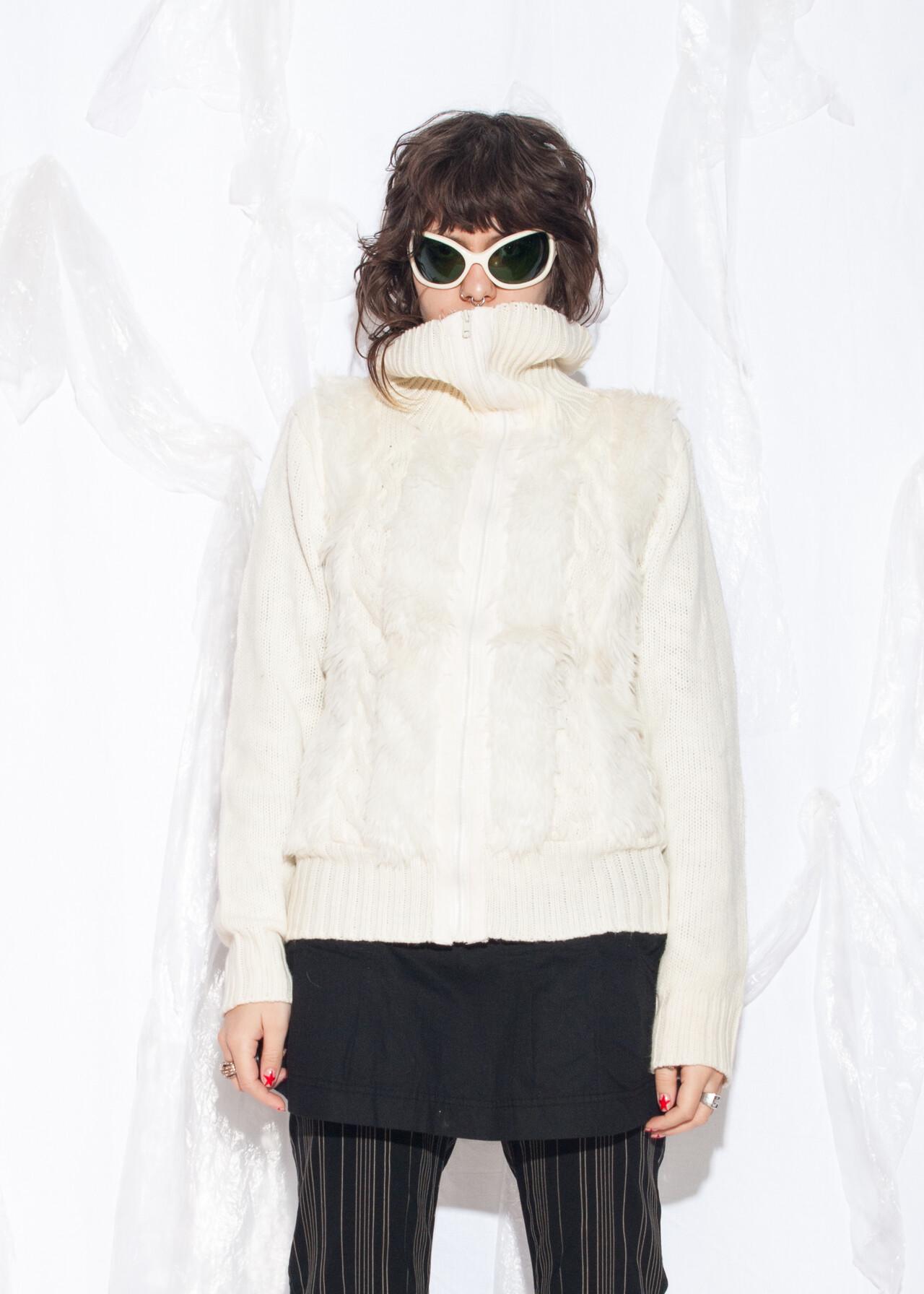Vintage Y2K Furry Knit Cardigan in Beige - 2000s Long Sleeved 