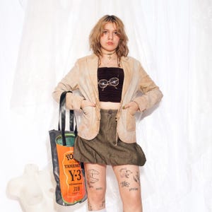 Vintage Leather Jacket Y2K Suede Blazer in Beige 2000s Fairycore Coatie Large
