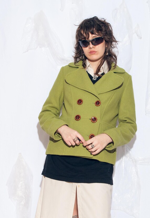 Vintage Y2K Winter Coat in Green Wool Blend - 2000s Double