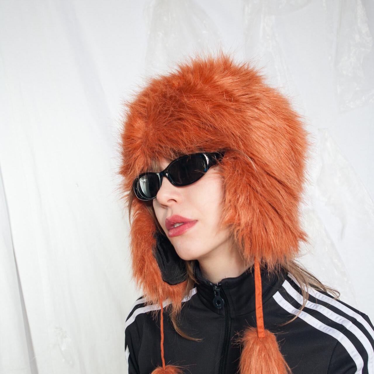 Vintage Y2K Faux Fur Hat in Orange - 2000s Furry Ushanka - Cyber