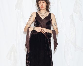 Vintage Y2K Midi Dress in Brown Velvet - 2000s Whimsigoth Silk Slip for Evening - Prom Occasionwear - Size XL