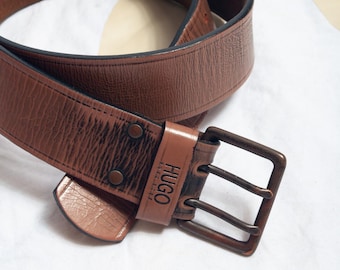 Vintage Y2K Hugo Boss Leather Belt in Brown - 2000s Grunge Style Accessory - Downtown Girl